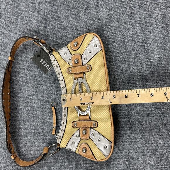 Vintage Guess Raffia Shoulder Bag Yellow Baguette Rhinestone Y2K 90s 2000s - Picture 13 of 14